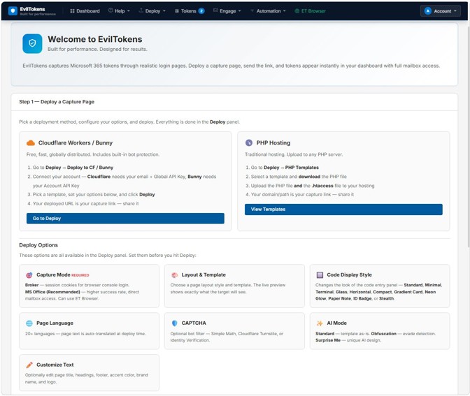 ภาพหน้าจอแพลตฟอร์ม EvilTokens จากรายงาน Microsoft Security