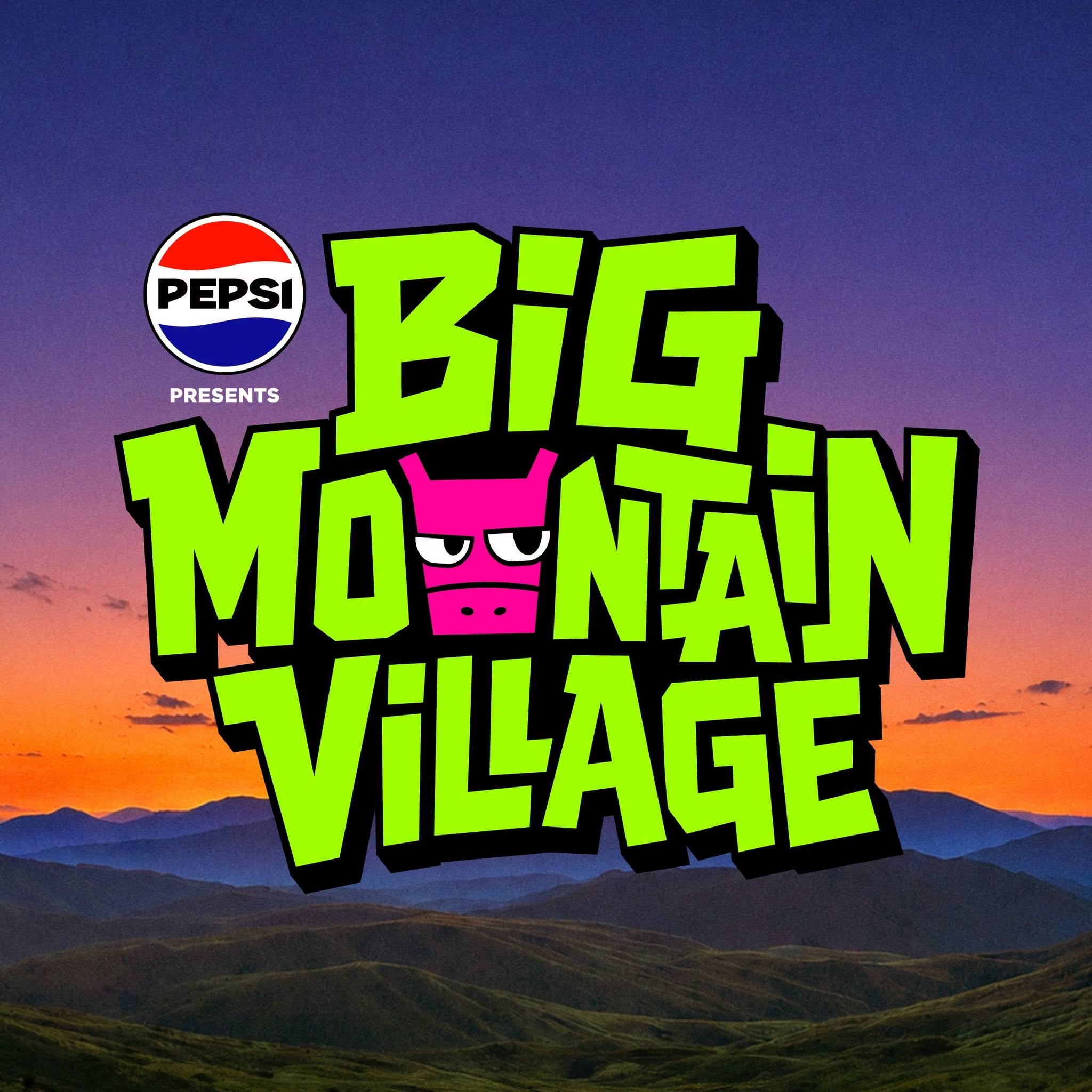โลโก้ PEPSI presents Big Mountain Village บนภาพทิวเขายามเย็น