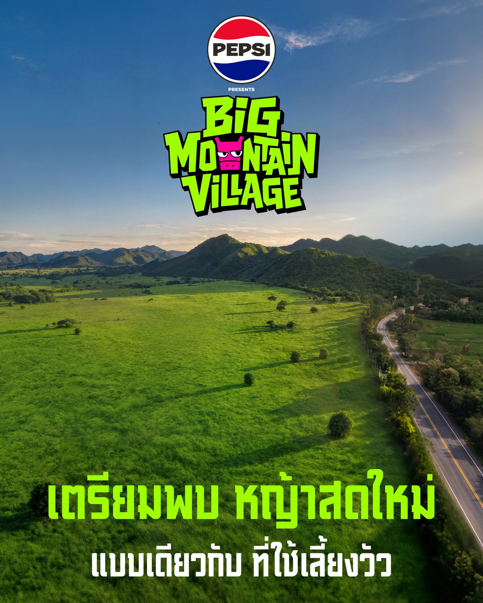 ภาพประชาสัมพันธ์ Big Mountain Village แสดงทุ่งหญ้า ภูเขา และถนน