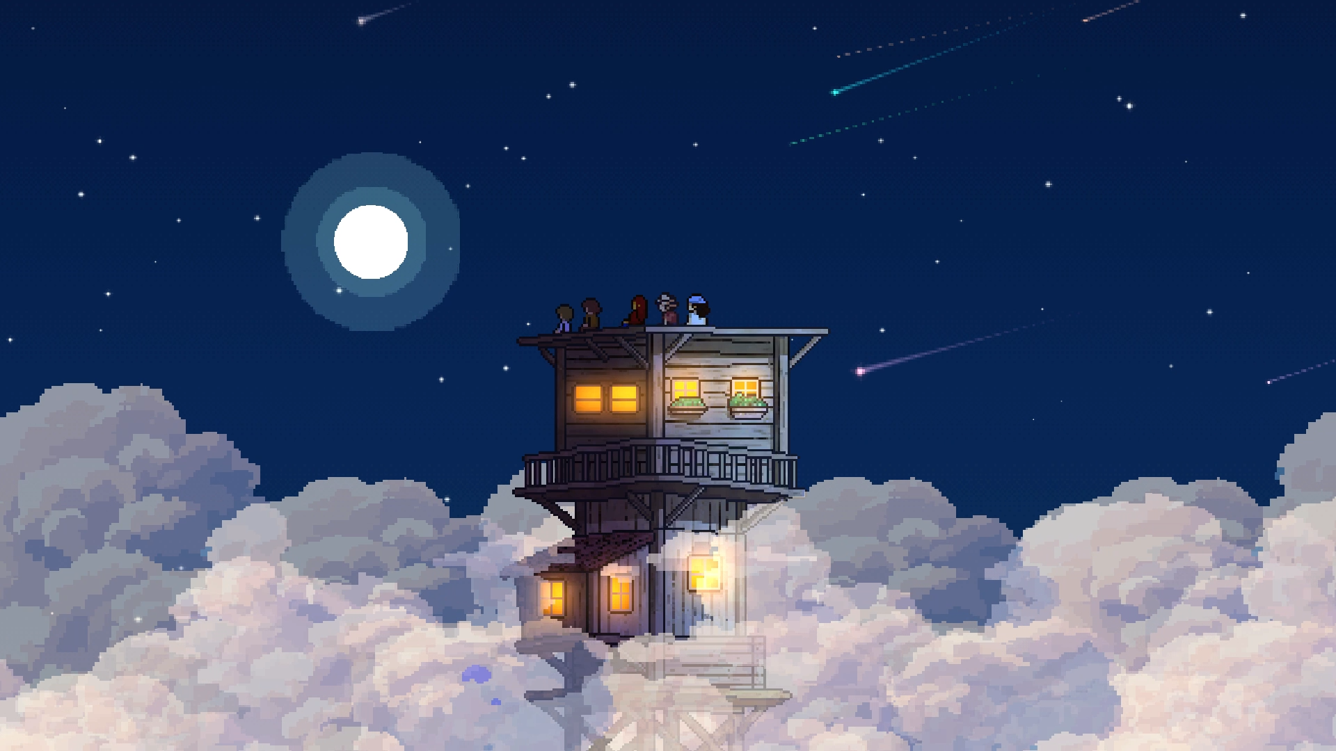 CELESTAY Craft&Slowlife gameplay showing a home above the clouds under a night sky
