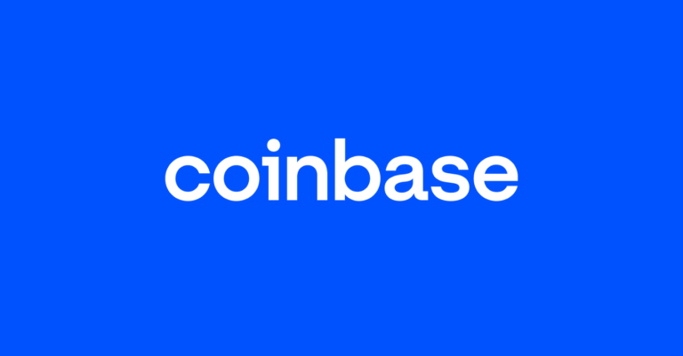 ตราคำ Coinbase บนพื้นสีน้ำเงิน