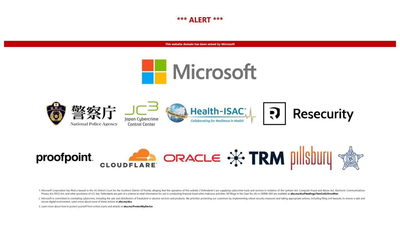 ภาพประกาศยึดโดเมนเครือข่ายหลอกลวงที่ Microsoft เผยแพร่